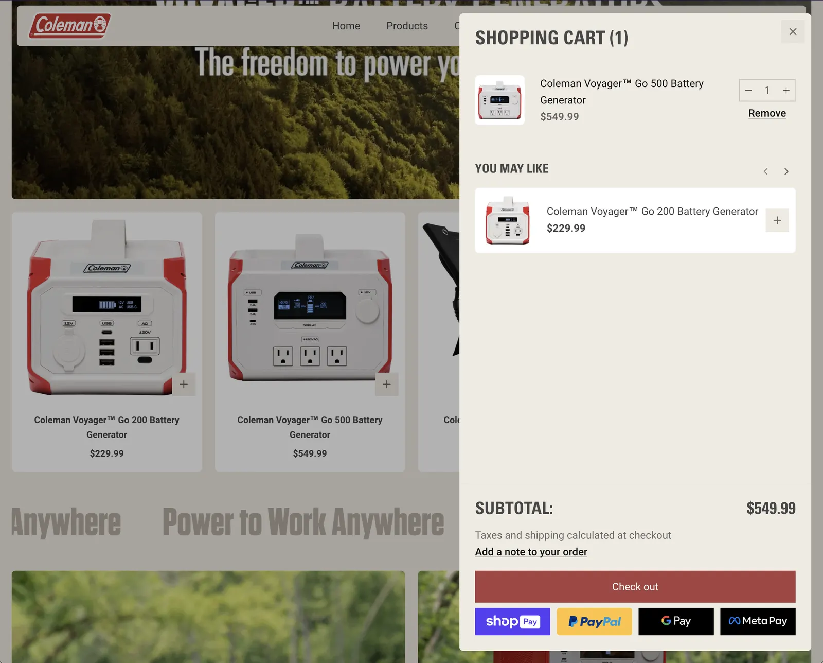 Coleman website, screen 2