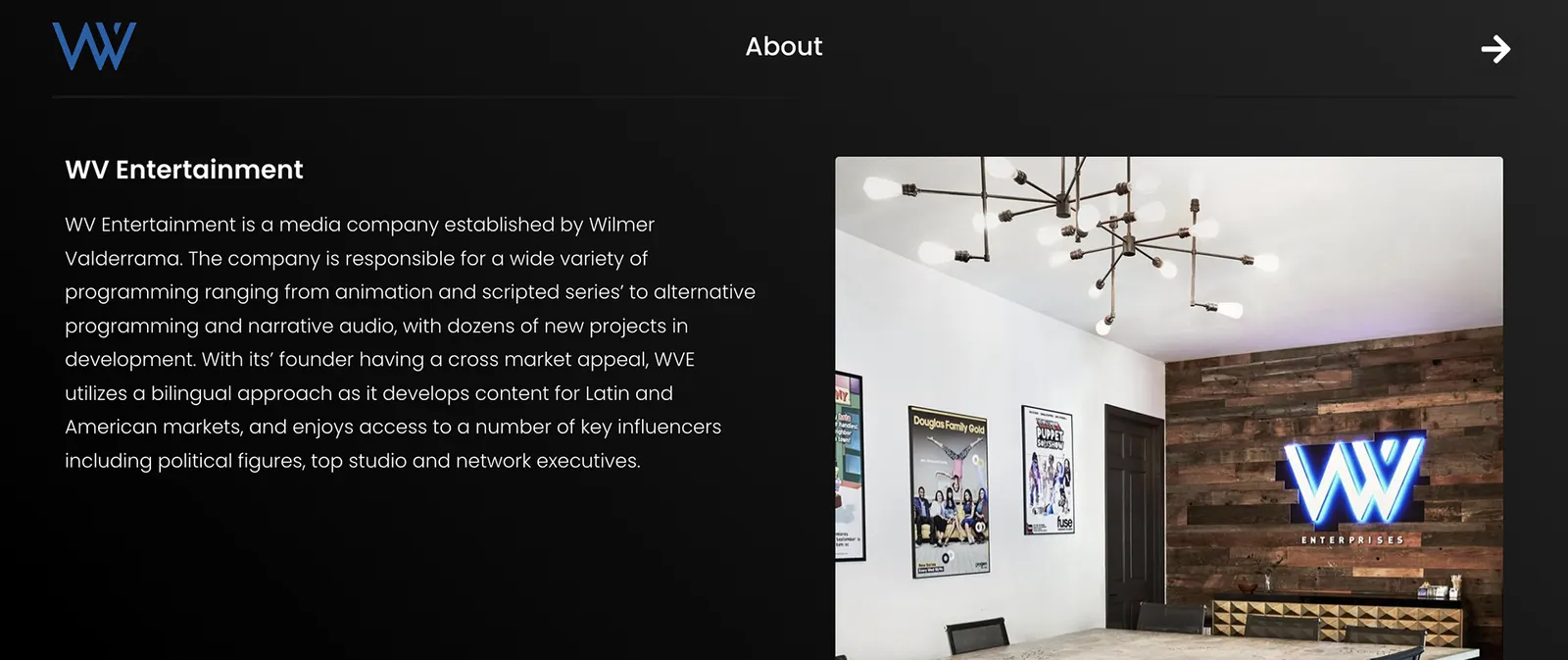 WV Entertainment website, screen 7