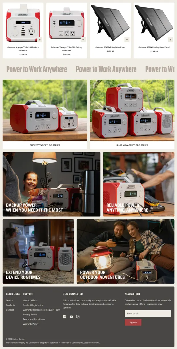 Coleman product grid and lifestyle sections